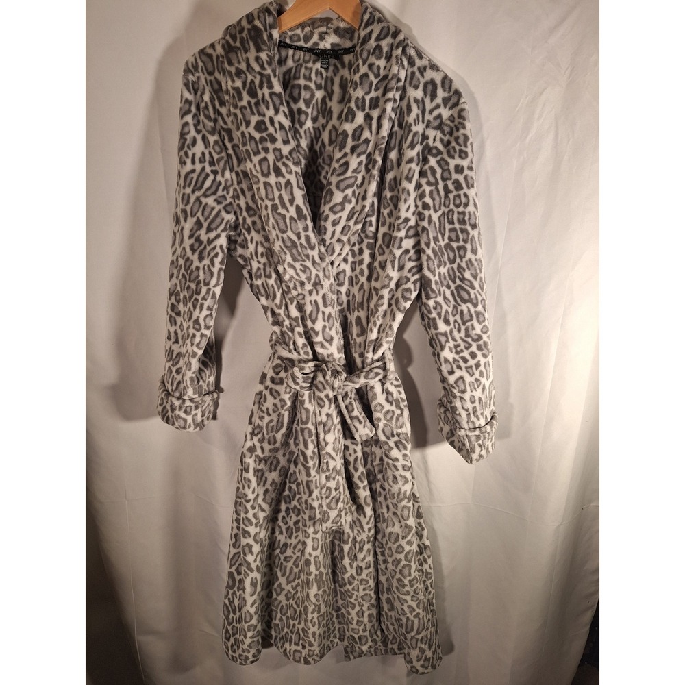 Jones New York Womens Gray Leopard Print Plush Fleece Robe Size L/XL Robe